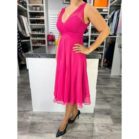 L.K. Bennett Magenta Pink Chiffon Barbiecore Midi Dress $410 - Picture 6 of 12